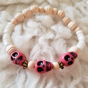 Pink Skulls, White Shells and Wood Beaded Bracelet